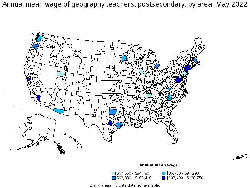 Map of annual mean wages of geography teachers, postsecondary by area, May 2022
