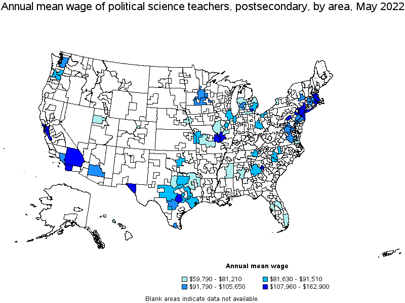Map of annual mean wages of political science teachers, postsecondary by area, May 2022