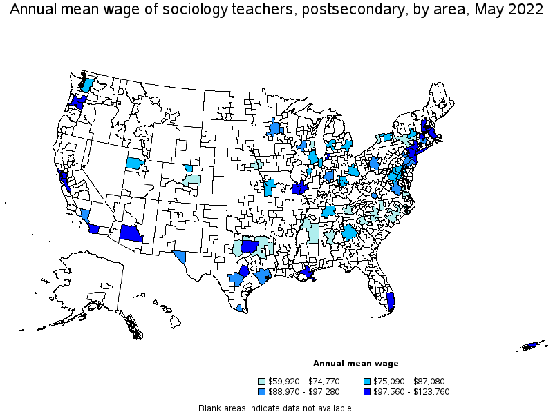 Map of annual mean wages of sociology teachers, postsecondary by area, May 2022