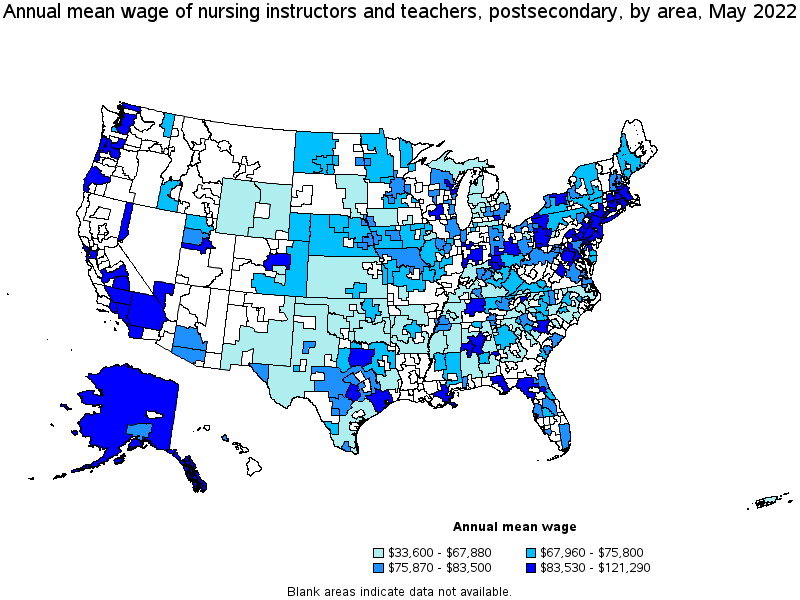 Map of annual mean wages of nursing instructors and teachers, postsecondary by area, May 2022