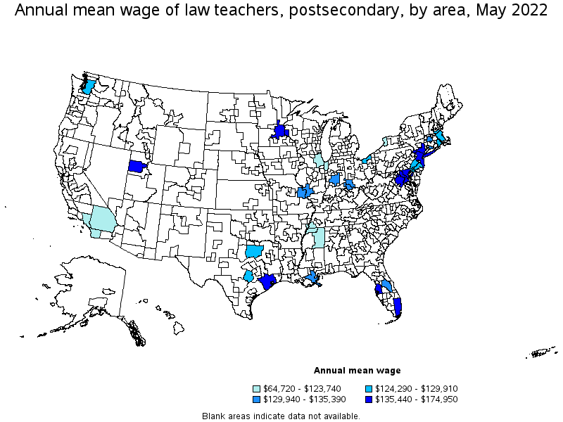 Map of annual mean wages of law teachers, postsecondary by area, May 2022