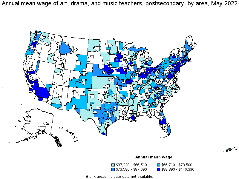 Map of annual mean wages of art, drama, and music teachers, postsecondary by area, May 2022
