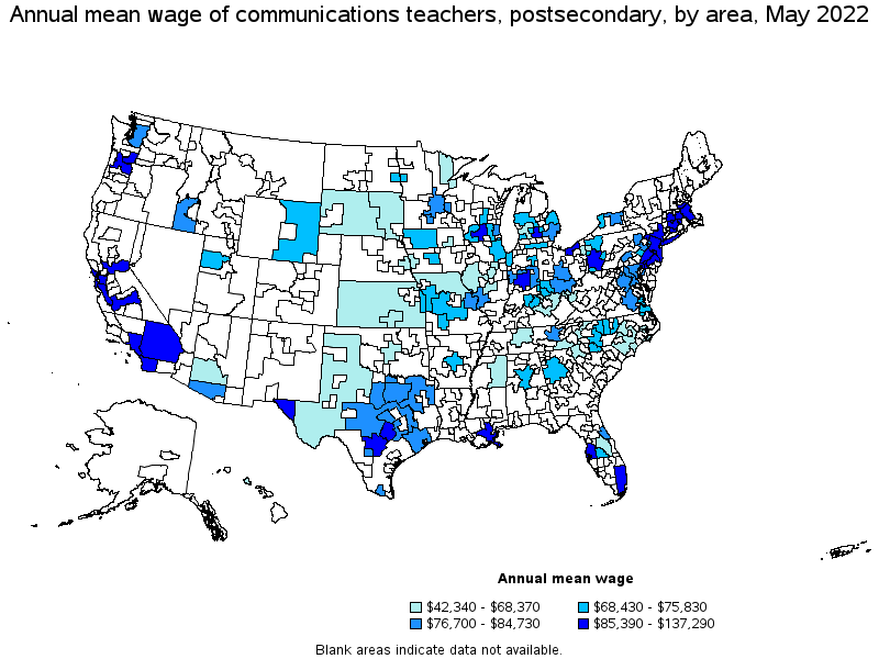 Map of annual mean wages of communications teachers, postsecondary by area, May 2022