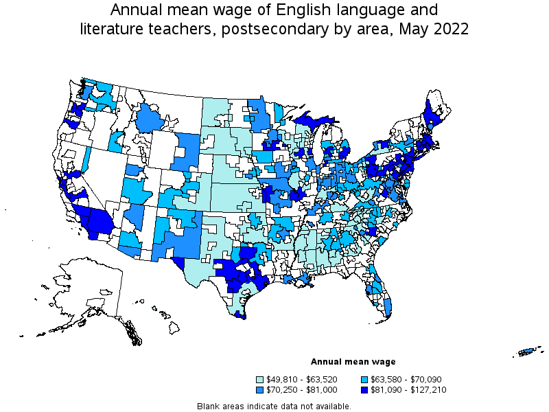 Map of annual mean wages of english language and literature teachers, postsecondary by area, May 2022