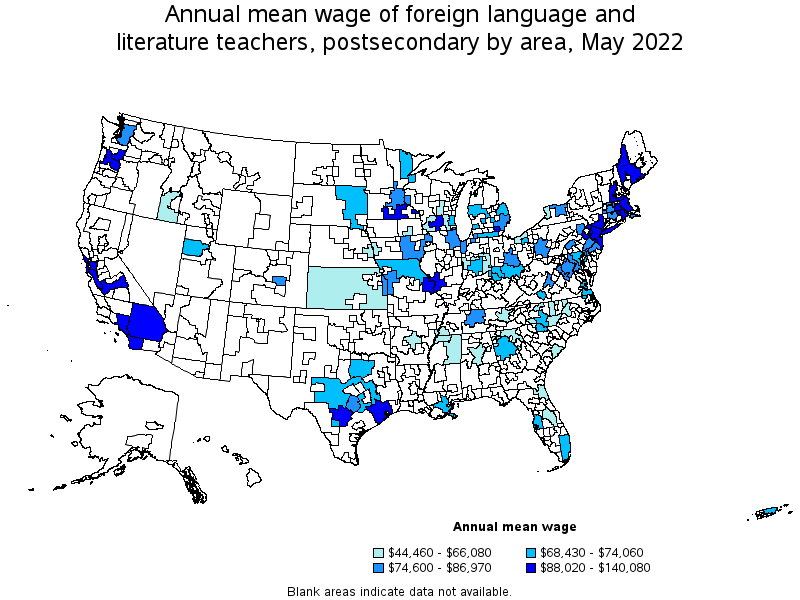 Map of annual mean wages of foreign language and literature teachers, postsecondary by area, May 2022