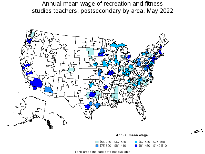 Map of annual mean wages of recreation and fitness studies teachers, postsecondary by area, May 2022