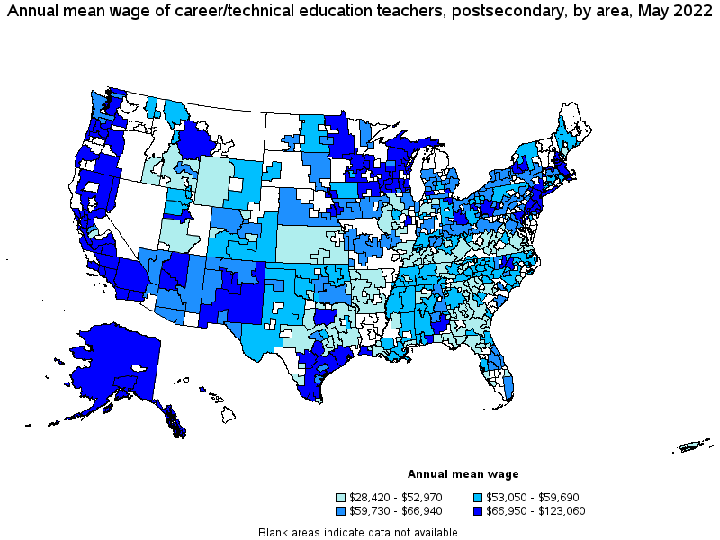 Map of annual mean wages of career/technical education teachers, postsecondary by area, May 2022
