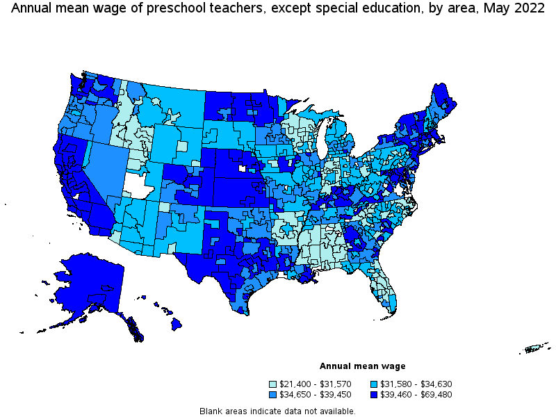 Map of annual mean wages of preschool teachers, except special education by area, May 2022