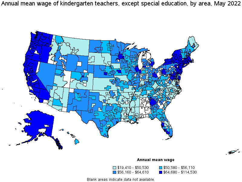 Map of annual mean wages of kindergarten teachers, except special education by area, May 2022