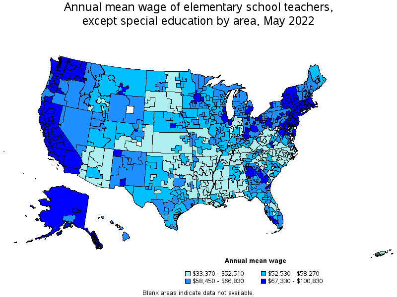 Map of annual mean wages of elementary school teachers, except special education by area, May 2022