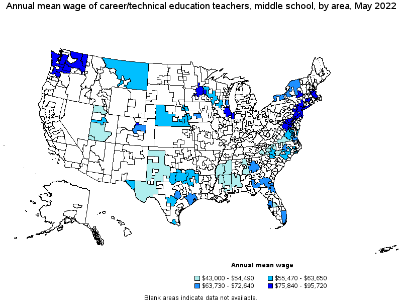 Map of annual mean wages of career/technical education teachers, middle school by area, May 2022