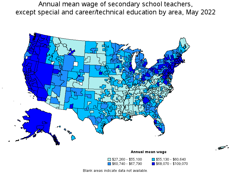Map of annual mean wages of secondary school teachers, except special and career/technical education by area, May 2022