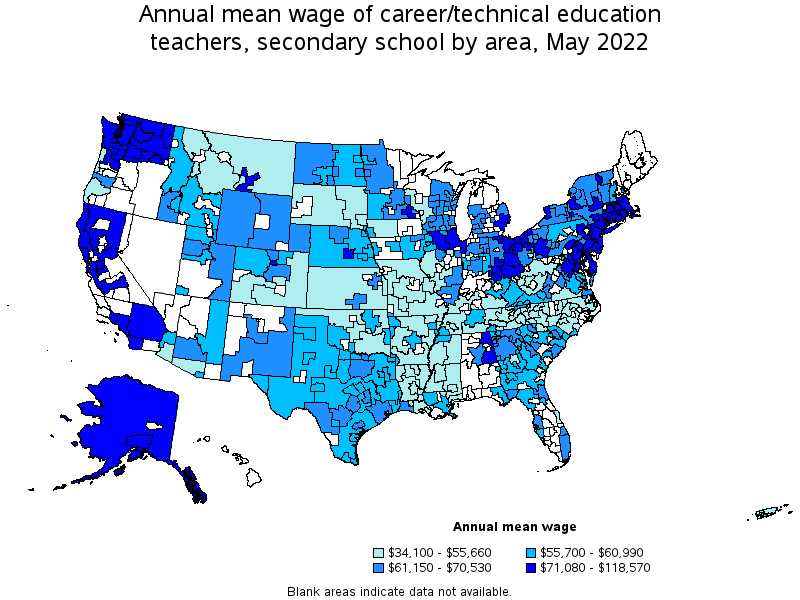 Map of annual mean wages of career/technical education teachers, secondary school by area, May 2022