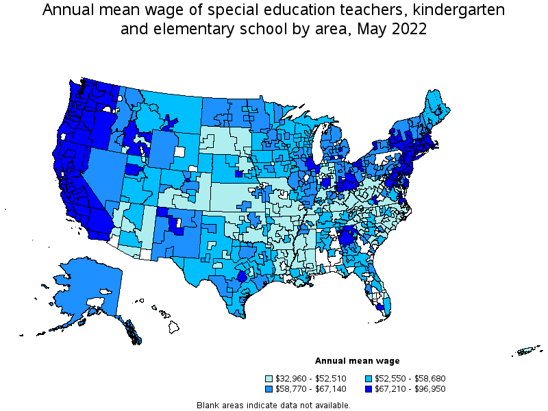 Map of annual mean wages of special education teachers, kindergarten and elementary school by area, May 2022