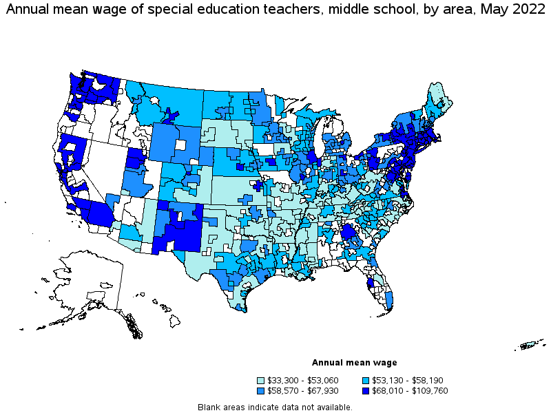 Map of annual mean wages of special education teachers, middle school by area, May 2022