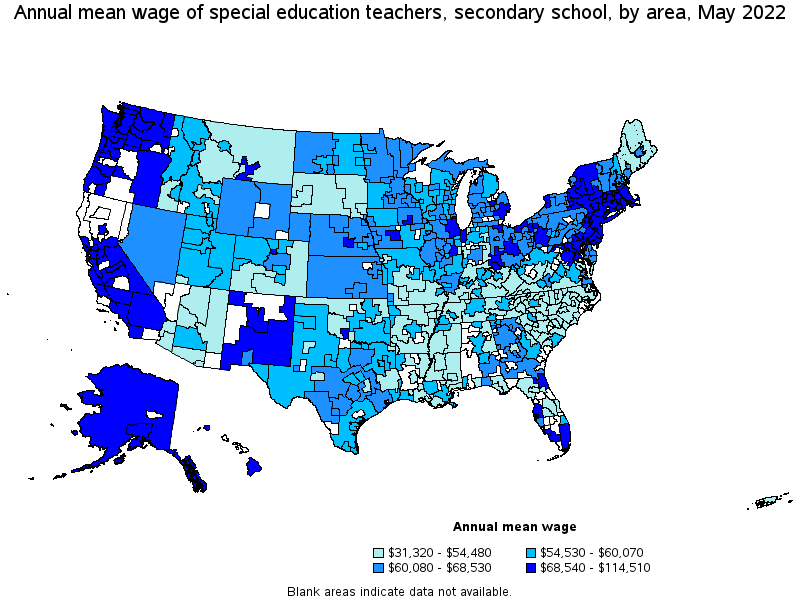 Map of annual mean wages of special education teachers, secondary school by area, May 2022