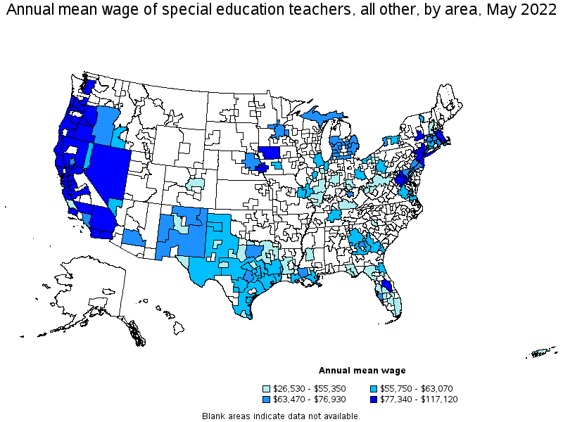 Map of annual mean wages of special education teachers, all other by area, May 2022