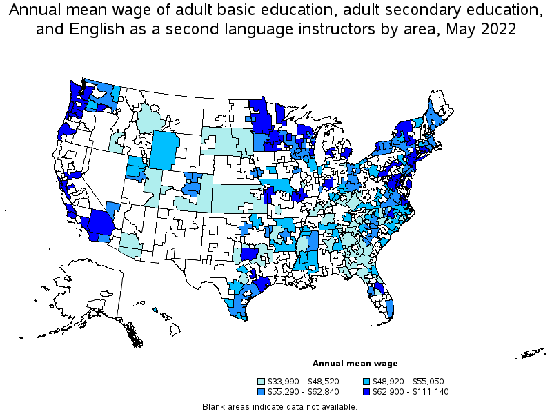 Map of annual mean wages of adult basic education, adult secondary education, and english as a second language instructors by area, May 2022