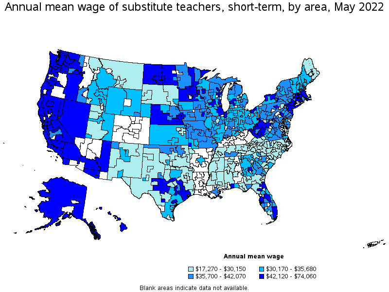Map of annual mean wages of substitute teachers, short-term by area, May 2022