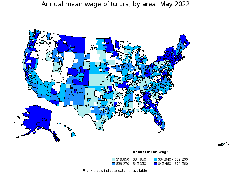 Map of annual mean wages of tutors by area, May 2022