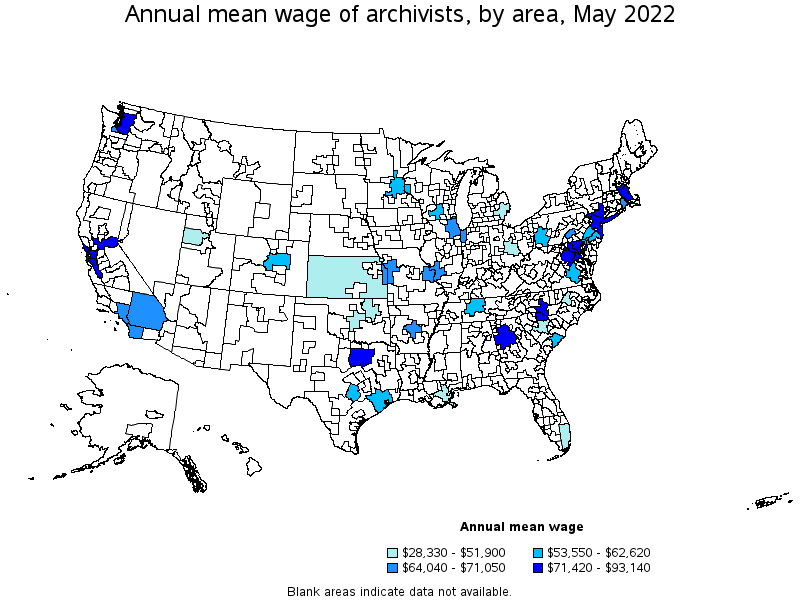 Map of annual mean wages of archivists by area, May 2022