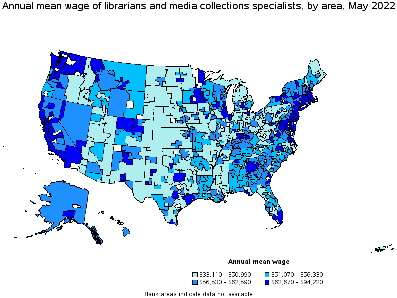 Map of annual mean wages of librarians and media collections specialists by area, May 2022
