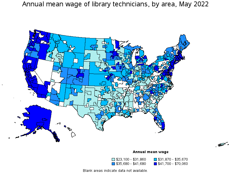 Map of annual mean wages of library technicians by area, May 2022