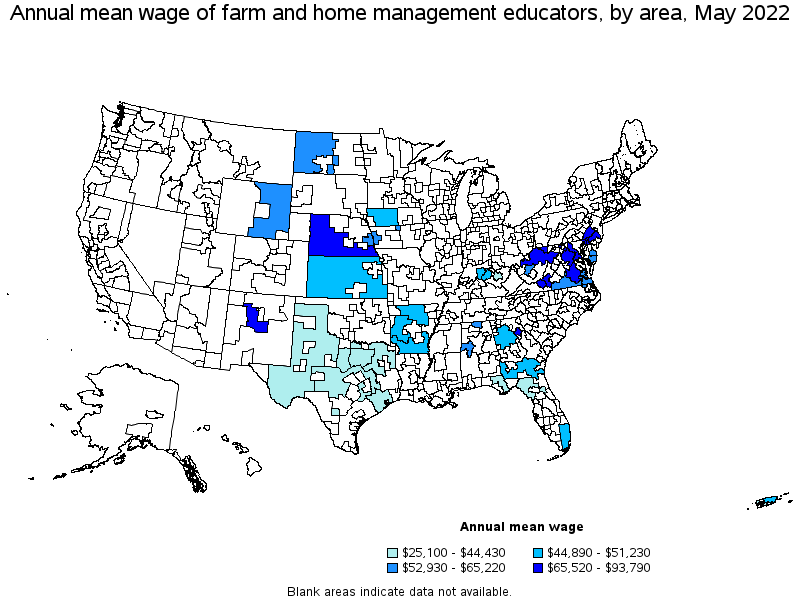 Map of annual mean wages of farm and home management educators by area, May 2022