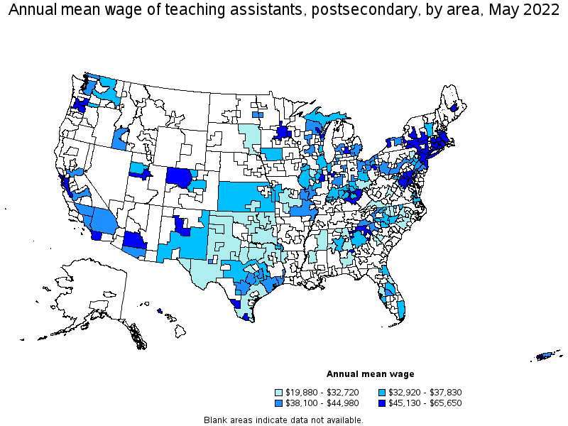 Map of annual mean wages of teaching assistants, postsecondary by area, May 2022