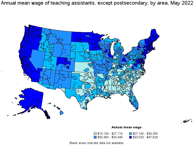 Map of annual mean wages of teaching assistants, except postsecondary by area, May 2022