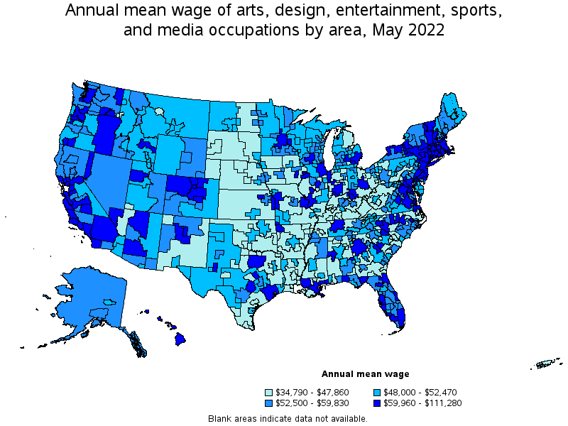 Map of annual mean wages of arts, design, entertainment, sports, and media occupations by area, May 2022