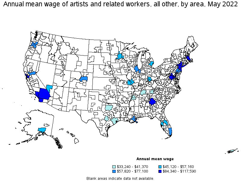 Map of annual mean wages of artists and related workers, all other by area, May 2022