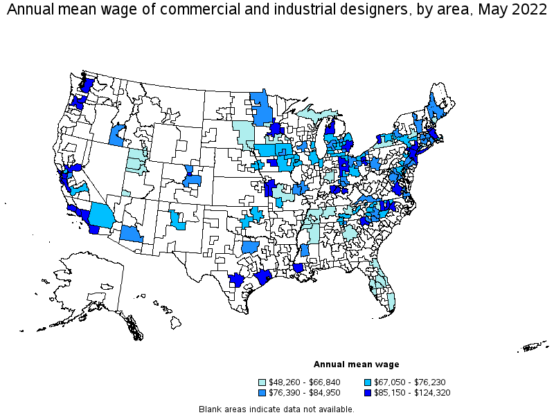 Map of annual mean wages of commercial and industrial designers by area, May 2022