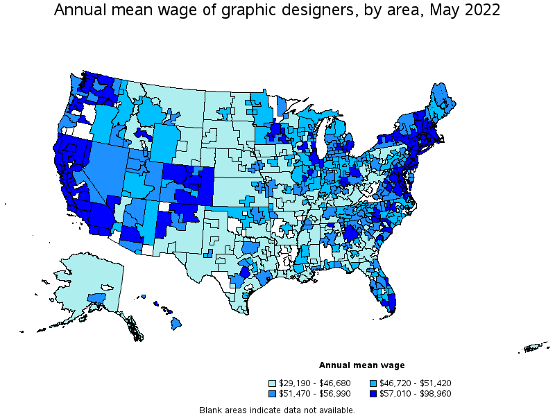 Map of annual mean wages of graphic designers by area, May 2022