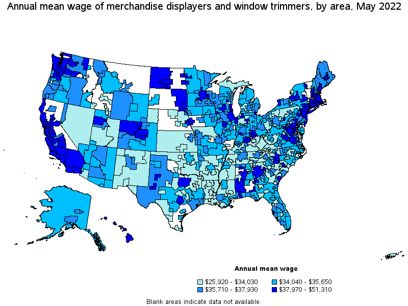 Map of annual mean wages of merchandise displayers and window trimmers by area, May 2022