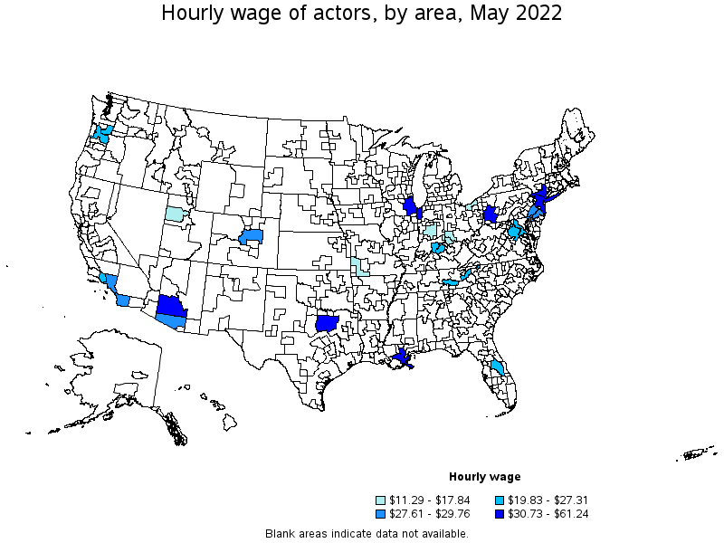 Map of annual mean wages of actors by area, May 2022