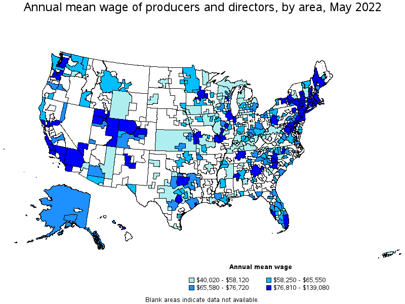 Map of annual mean wages of producers and directors by area, May 2022
