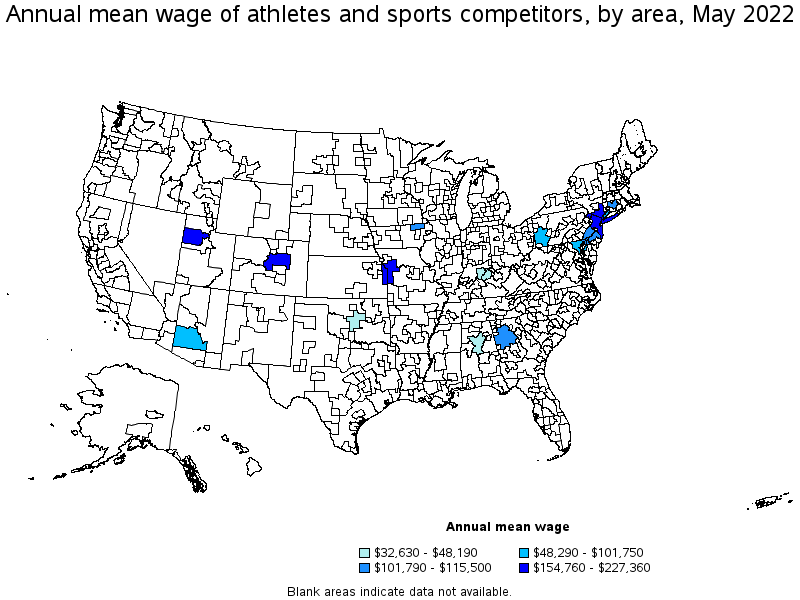 Map of annual mean wages of athletes and sports competitors by area, May 2022