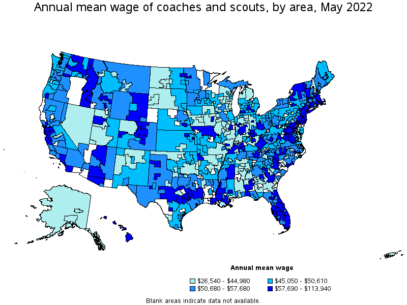Map of annual mean wages of coaches and scouts by area, May 2022
