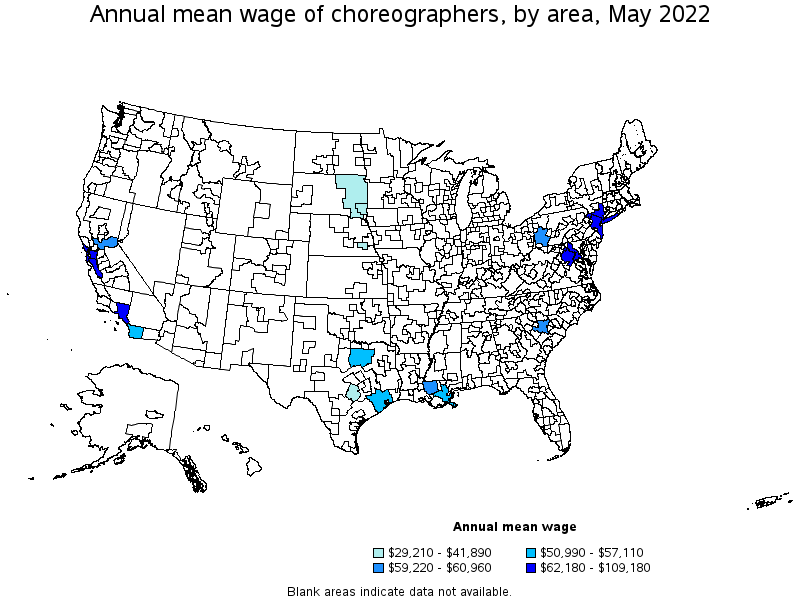 Map of annual mean wages of choreographers by area, May 2022