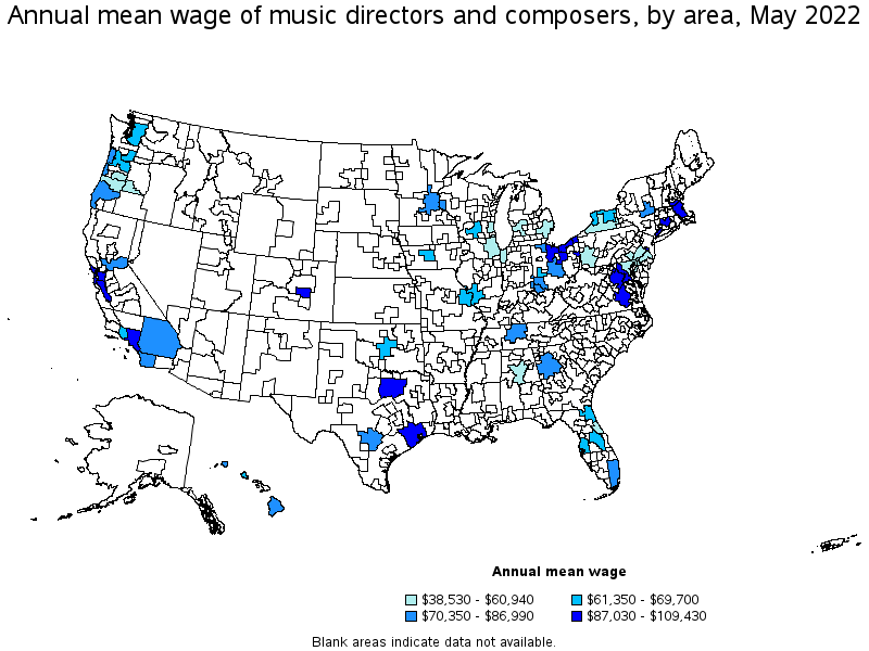 Map of annual mean wages of music directors and composers by area, May 2022