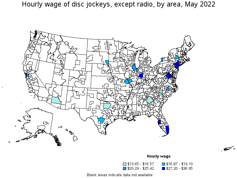 Map of annual mean wages of disc jockeys, except radio by area, May 2022