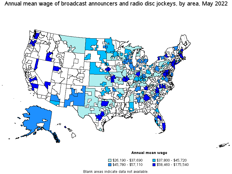 Map of annual mean wages of broadcast announcers and radio disc jockeys by area, May 2022