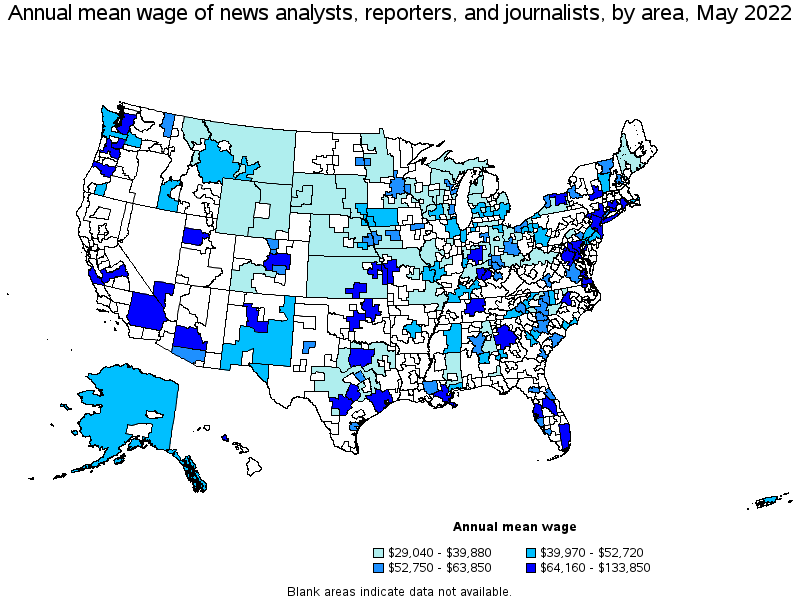 Map of annual mean wages of news analysts, reporters, and journalists by area, May 2022