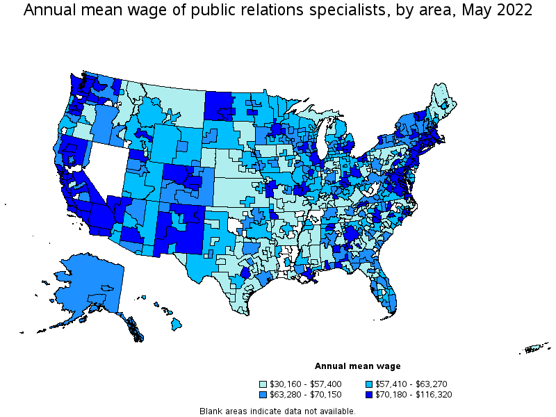 Map of annual mean wages of public relations specialists by area, May 2022
