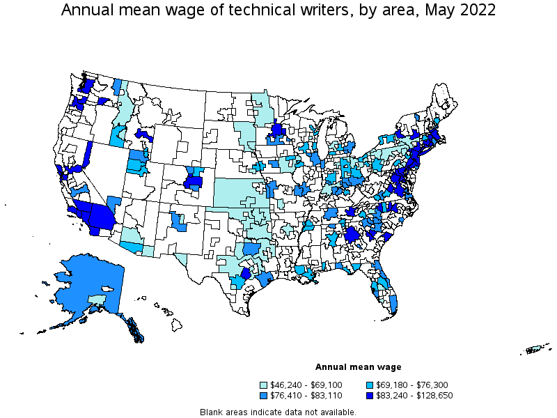 Map of annual mean wages of technical writers by area, May 2022
