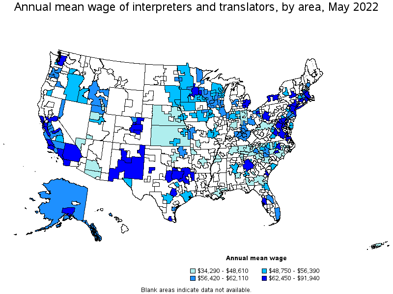 Map of annual mean wages of interpreters and translators by area, May 2022
