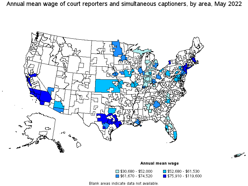 Map of annual mean wages of court reporters and simultaneous captioners by area, May 2022