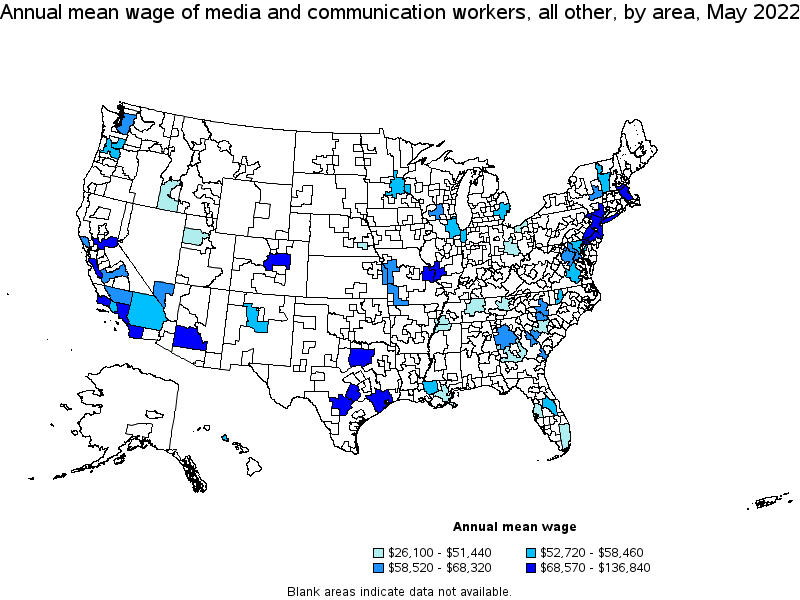 Map of annual mean wages of media and communication workers, all other by area, May 2022