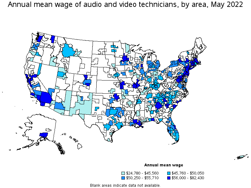 Map of annual mean wages of audio and video technicians by area, May 2022